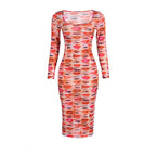 Long sleeve abstract u neck sheer mesh contrast midi dress