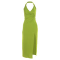 Ruched v neck knotted halter solid slit backless midi dress