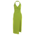 Ruched v neck knotted halter solid slit backless midi dress