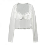 Hem lace ruffled long sleeve mesh crop top | Mesh Long Sleeve Crop Top