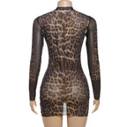 Crewneck long sleeve leopard print mesh mini dress  | Festival Outfits Women  | Leopard Print Mini Dress