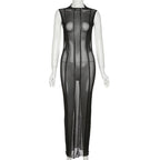 Sleeveless solid sheer mesh see through backless midi dress