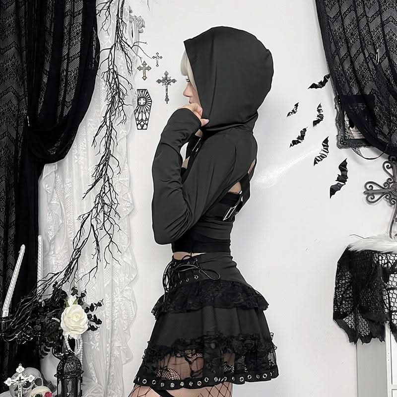 Hoodie long sleeve buckle cross back crop top  | Festival Outfits Women