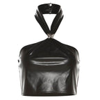 Halter PU leather button butterfly applique top  | Festival Outfits Women