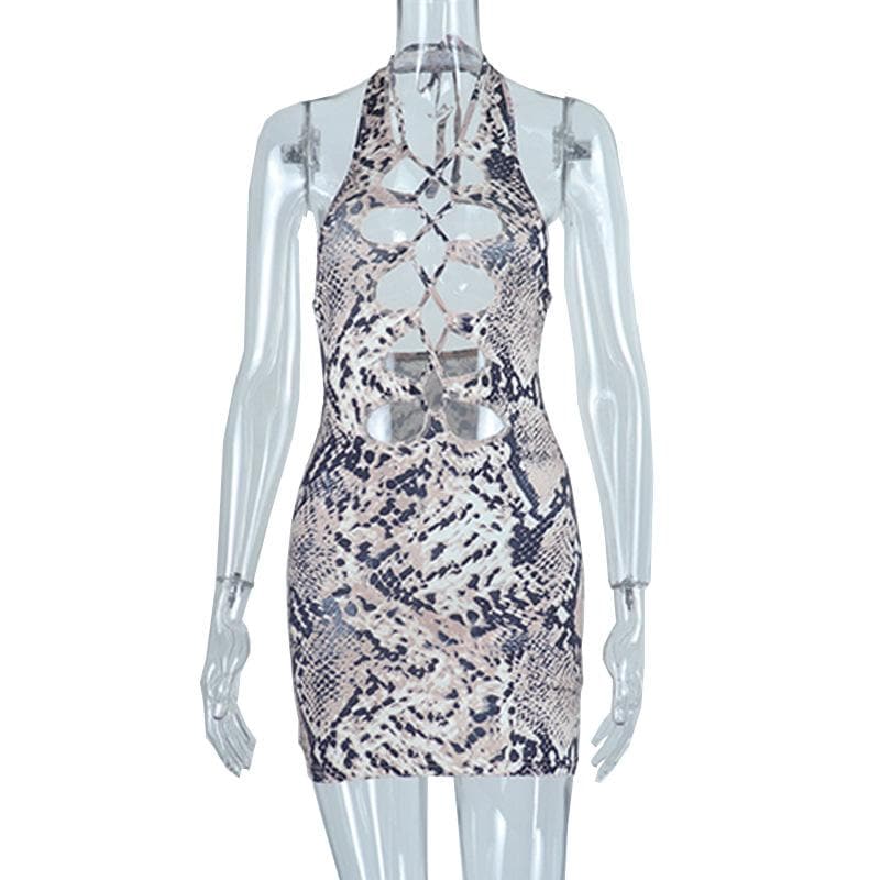 Snakeskin print hollow out self tie backless mini dress