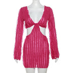 Long sleeve textured v neck hollow out ruffle mini dress