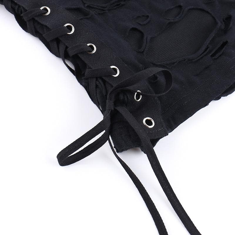 Crewneck fishnet buckle hollow out lace up tank cut out top  | Festival Outfits Women