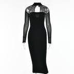 Solid halter mesh long sleeve zip-up hollow out midi dress