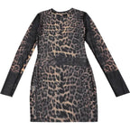 Crewneck long sleeve leopard print mesh mini dress  | Festival Outfits Women  | Leopard Print Mini Dress