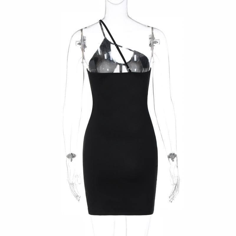 Mesh patchwork hollow out corset one shoulder irregular backless mini dress