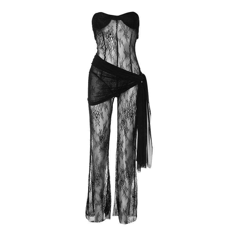 Lace see through solid self tie irregular backless tube jumpsuit  | Festival Outfits Women