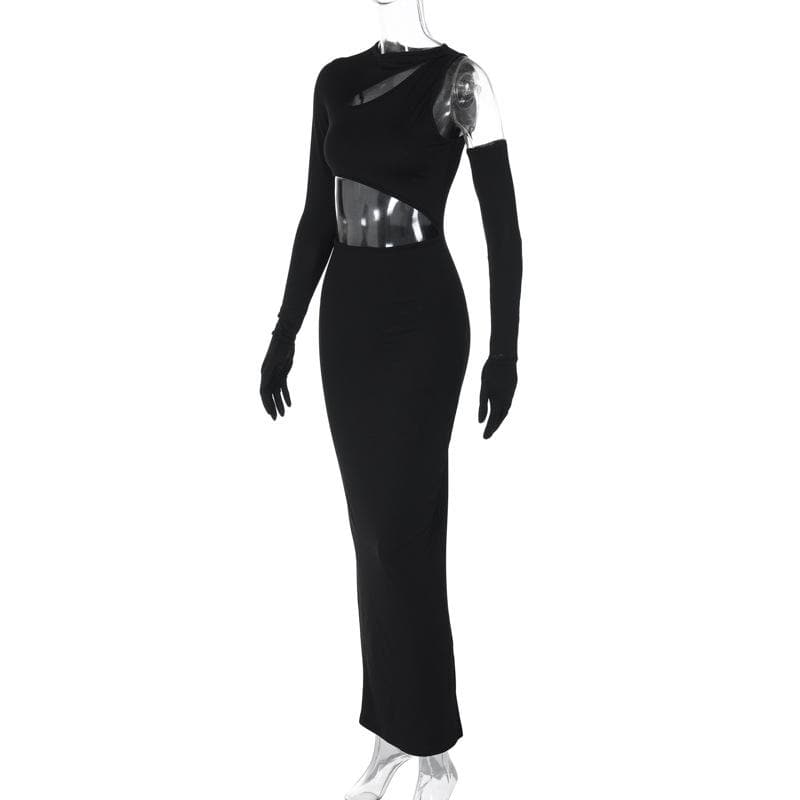Long sleeve gloves irregular hollow out crewneck maxi dress