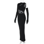 Long sleeve gloves irregular hollow out crewneck maxi dress