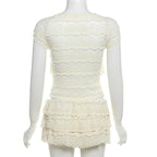 Crewneck cap sleeve textured ruched solid mini skirt set  | Festival Outfits Women