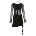 Long sleeve halter mesh ruched ruffle mini dress  | Festival Outfits Women
