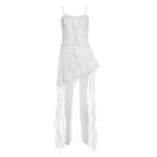 Ruched mesh ruffle sweetheart neck cami maxi dress  | Festival Outfits Women