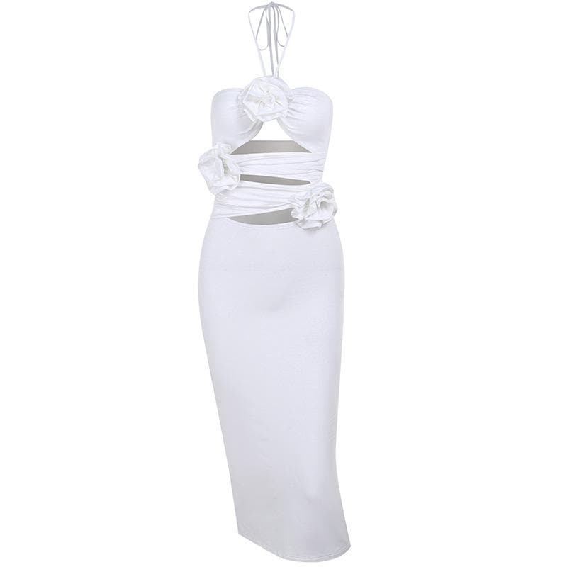 Solid halter slit ruched hollow out flower applique midi dress