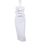 Solid halter slit ruched hollow out flower applique midi dress