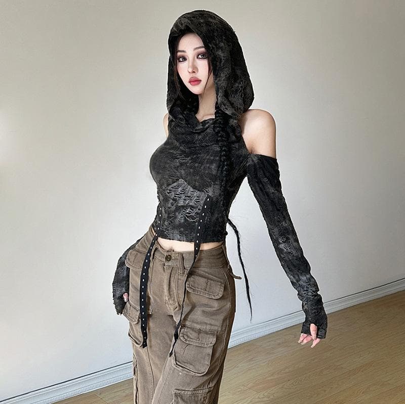 Long sleeve hoodie off shoulder buckle crop top  | Festival Outfits Women