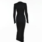 Long sleeve v neck solid ruched slit midi dress