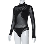 Long sleeve high neck mesh patchwork irregular bodysuit  | Festival Outfits Women