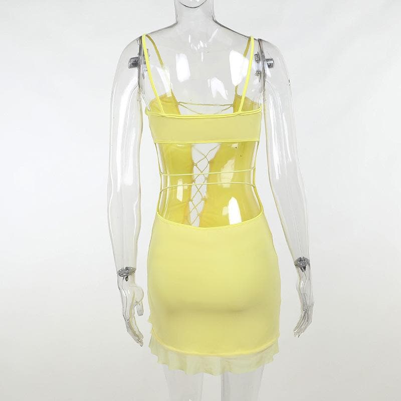 Lace up ruffle hollow out backless cami mini dress