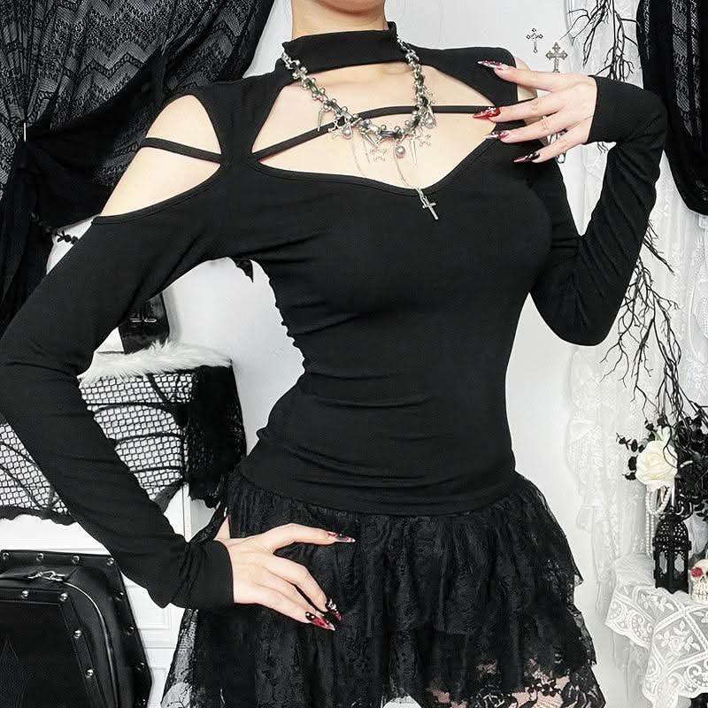 High neck long sleeve hollow out cross metal cut out top  | Festival Outfits Women