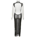 Sleeveless solid sheer mesh see through backless midi dress