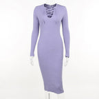 Lace up solid ribbed long sleeve notch neck mini dress