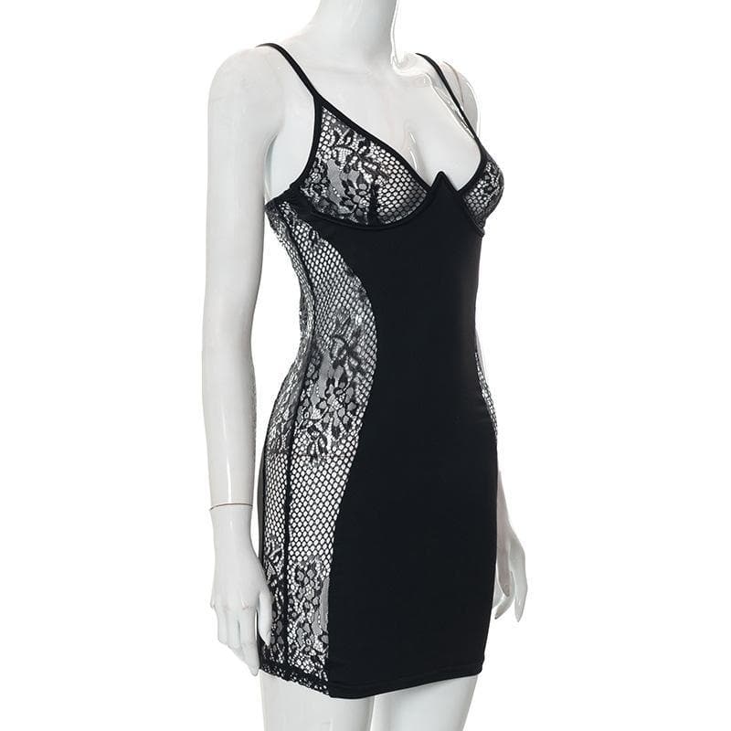 Lace see through patchwork mini dress