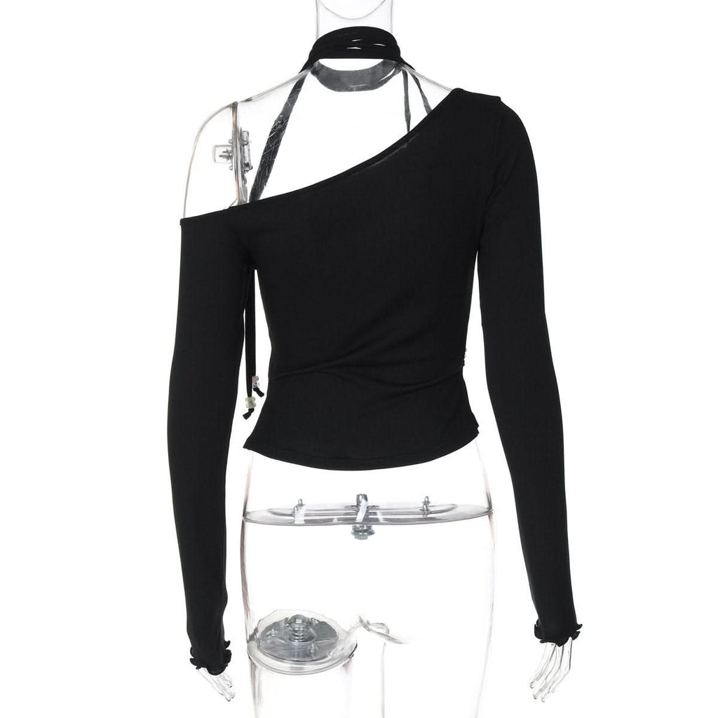 Halter one shoulder long sleeve beaded solid top  | Festival Outfits Women