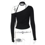 Halter one shoulder long sleeve beaded solid top  | Festival Outfits Women