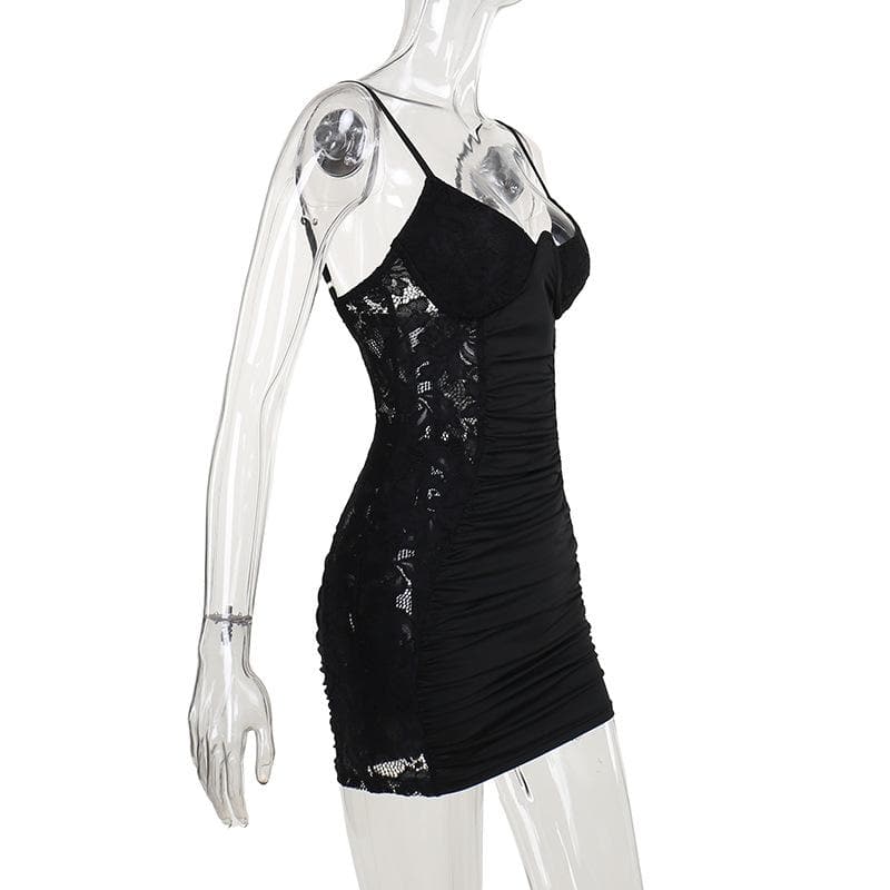 V neck lace ruched backless cami mini dress  | Festival Outfits Women