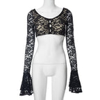 Long flared sleeve lace u neck button backless crop top  | Festival Outfits Women