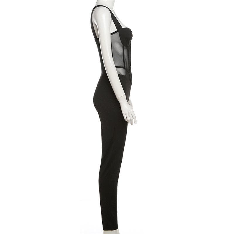 Button mesh patchwork ruched backless cami jumpsuit  | Festival Outfits Women