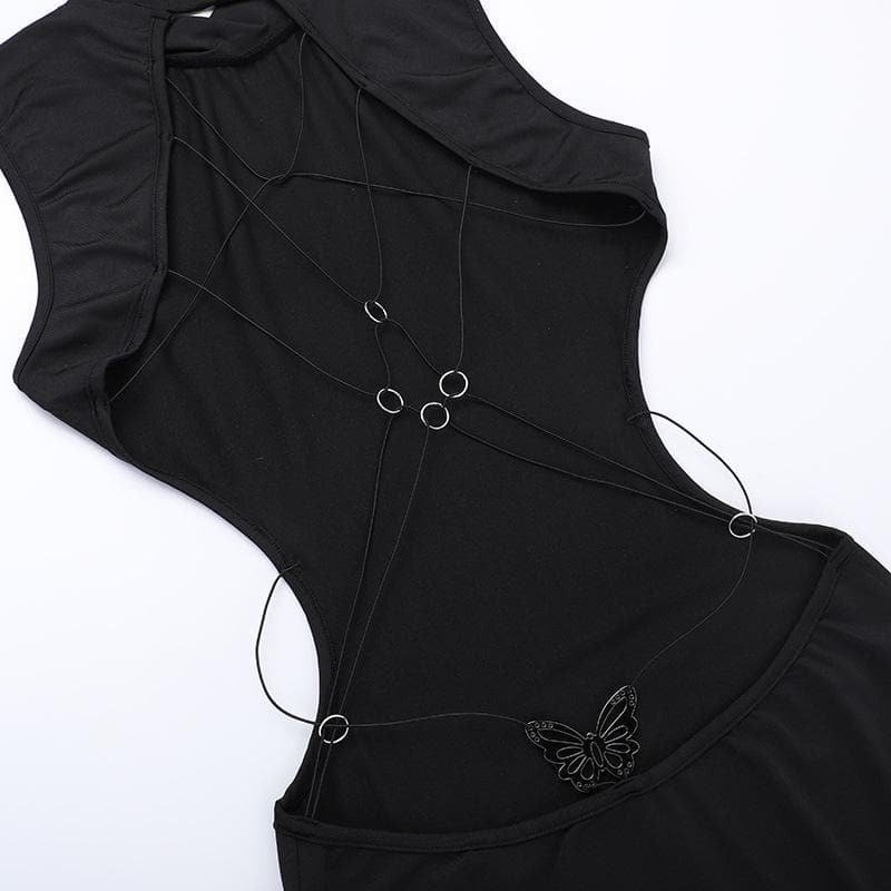 High neck o ring butterfly applique backless slit midi dress  | Festival Outfits Women