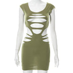Round neck short sleeve hollow out solid dress