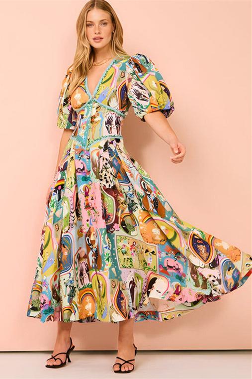 Paty Aesthetic V Neck Puff Sleeve Midi Dress Elevated Occasion Wear