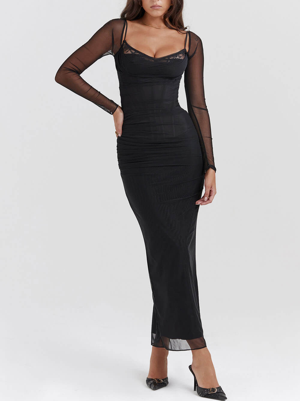 Lace Trim Corset Bodice Mesh Sleeve Ruched Bodycon Maxi Dress