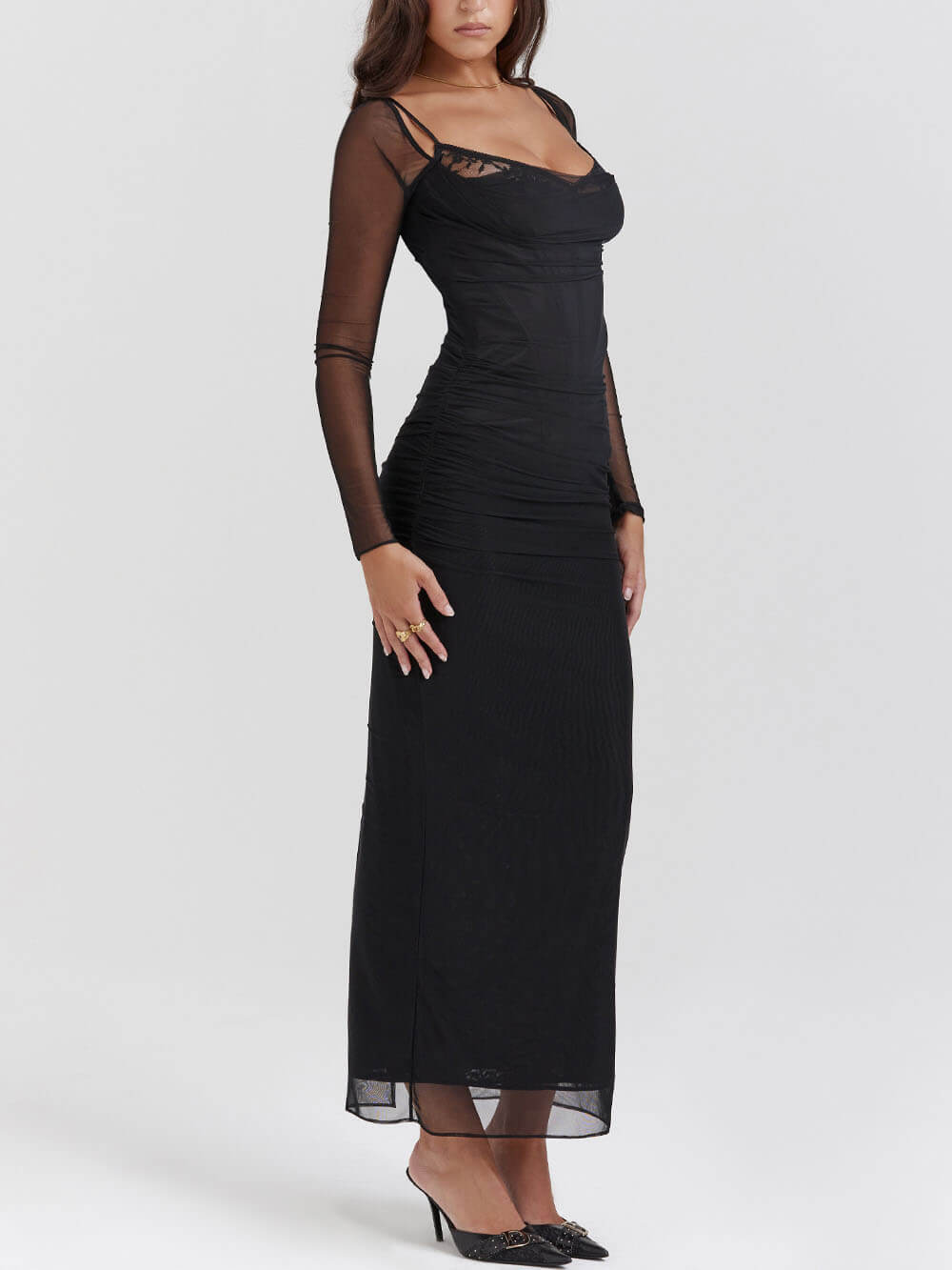 Lace Trim Corset Bodice Mesh Sleeve Ruched Bodycon Maxi Dress