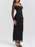 Lace Trim Corset Bodice Mesh Sleeve Ruched Bodycon Maxi Dress