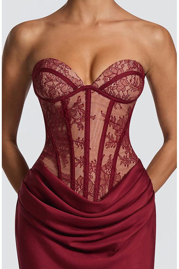 Kathleen Floral Lace Contrast Structural Detail Back Lace-up Satin Hem Strapless Maxi Dress