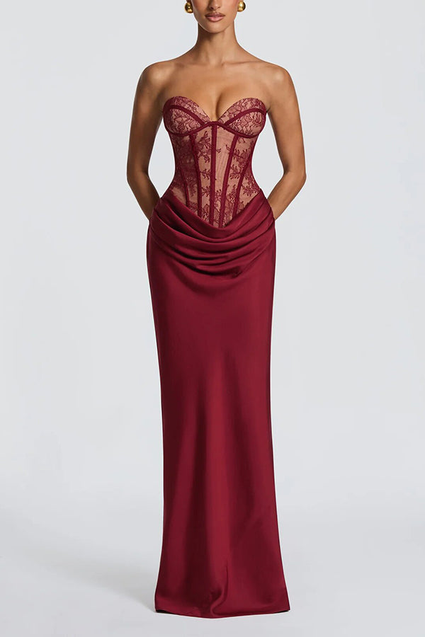 Kathleen Floral Lace Contrast Structural Detail Back Lace-up Satin Hem Strapless Maxi Dress