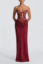Kathleen Floral Lace Contrast Structural Detail Back Lace-up Satin Hem Strapless Maxi Dress