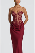 Kathleen Floral Lace Contrast Structural Detail Back Lace-up Satin Hem Strapless Maxi Dress