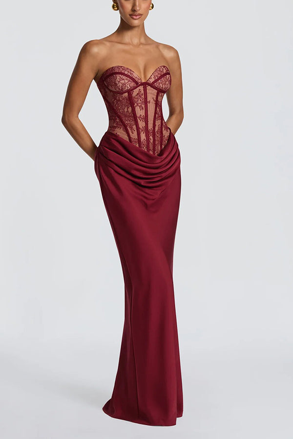 Kathleen Floral Lace Contrast Structural Detail Back Lace-up Satin Hem Strapless Maxi Dress