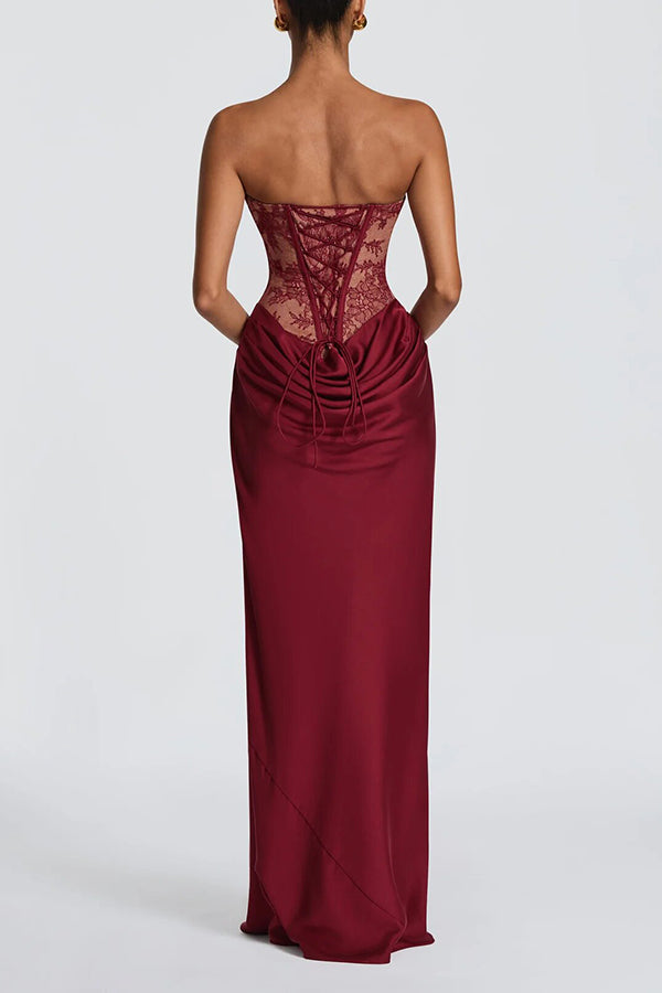 Kathleen Floral Lace Contrast Structural Detail Back Lace-up Satin Hem Strapless Maxi Dress