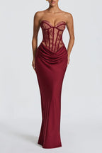 Kathleen Floral Lace Contrast Structural Detail Back Lace-up Satin Hem Strapless Maxi Dress