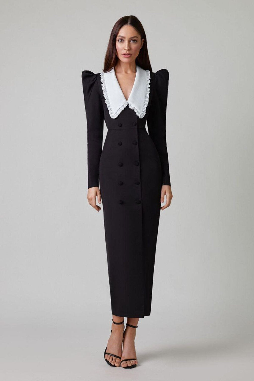 Peter Pan Collar Double Breasted Puff Shoulder High Split Midi Dress