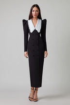 Peter Pan Collar Double Breasted Puff Shoulder High Split Midi Dress